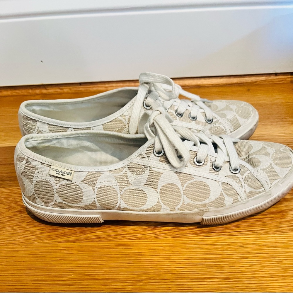 COACH Women's Beige Signature Canvas Lace-Up Sneakers